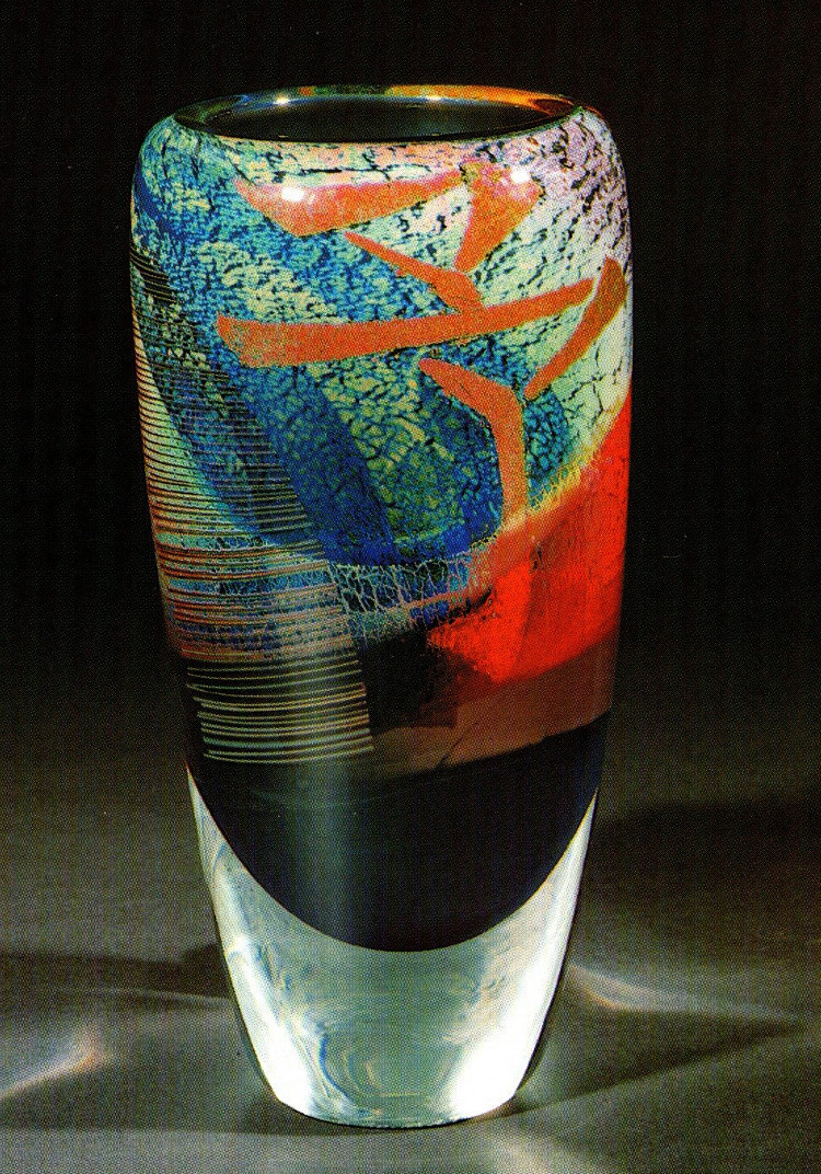 Nicolas Morin - Verrerie Le Pontil à Dieulefit (26) Vase à l'idéogramme japonais sur feuille d'argent de 1989 au décor déroulé/ré-enroulé avec graphisme de fils de verre, h=30cm, ekta Marcel Carmassi
